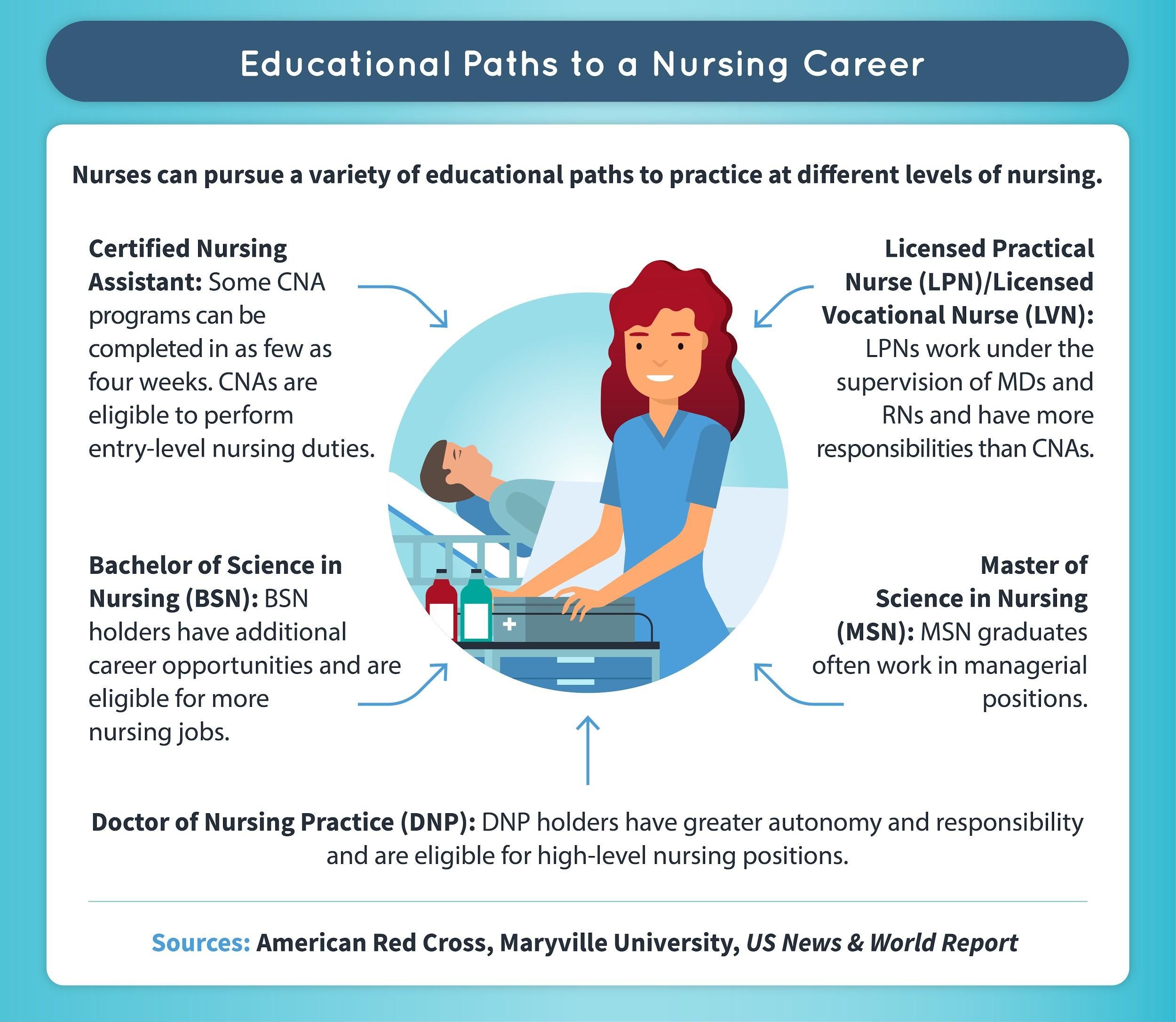 Nurses can pursue a variety of educational paths to practice at different levels of nursing.